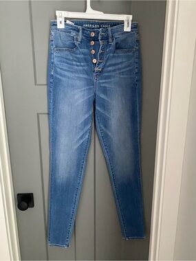 American Eagle Outfitters High-Rise Button-Fly Skinny Jeans - Blue Wash